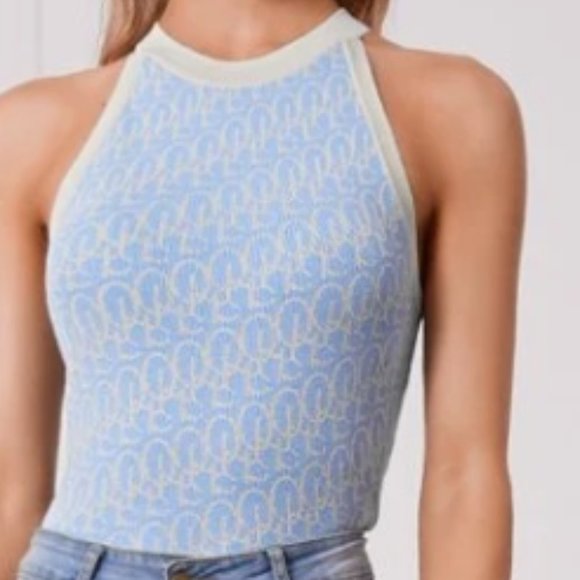 Shein Allover Pattern Halter Knit Top Blue Size Large - Picture 2 of 8